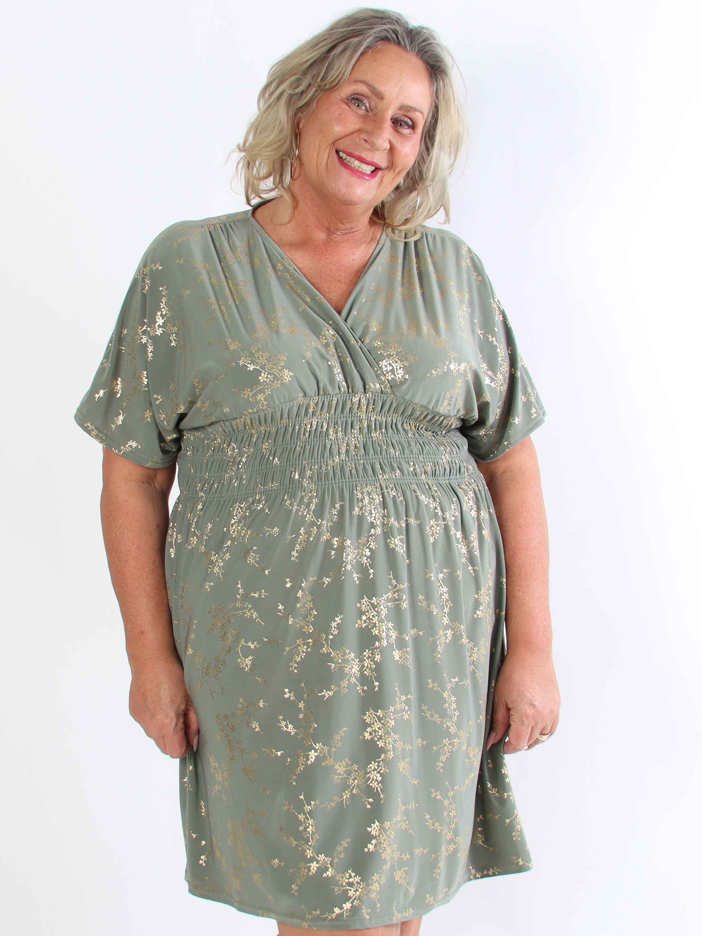 Pams Gold Short - Elastisk plus size kjole detaljeret med guld blomster